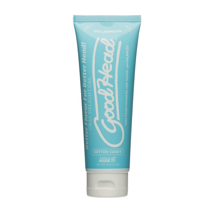 Blue tube of DocJohnson Oral Delight Gel Cotton Candy white background