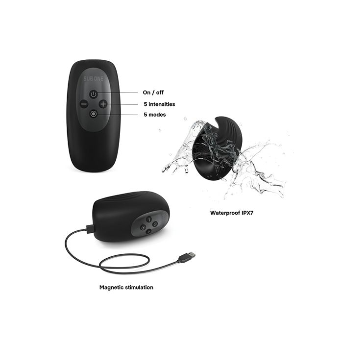 Black electronic device with control panel, cable, and water splash illustration on a white background featuring Manwan Sub One Tapping Male Masturbator.