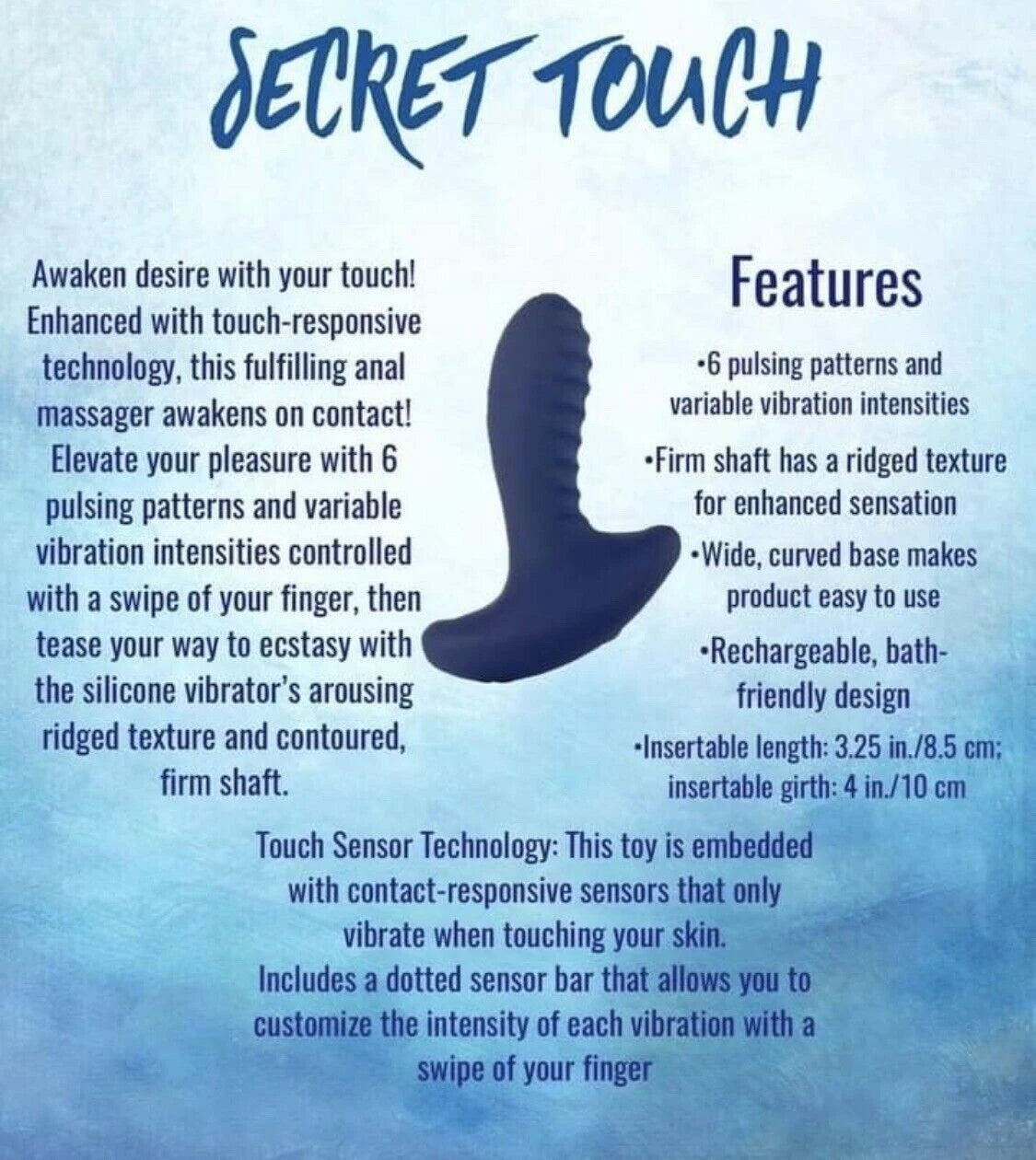 Product description of a Pure Romance's 'Secret Touch' anal massager with features listed on a blue background.