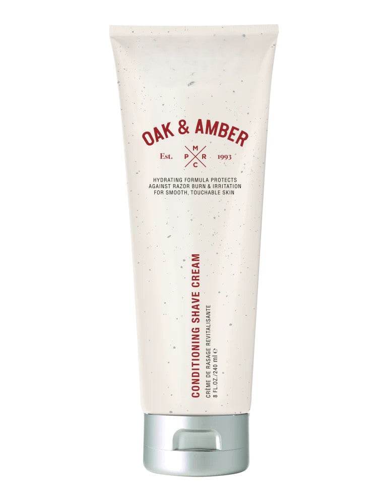 Squeeze Tube of Pure Romance Oak & Amber conditioning shave cream on a white background
