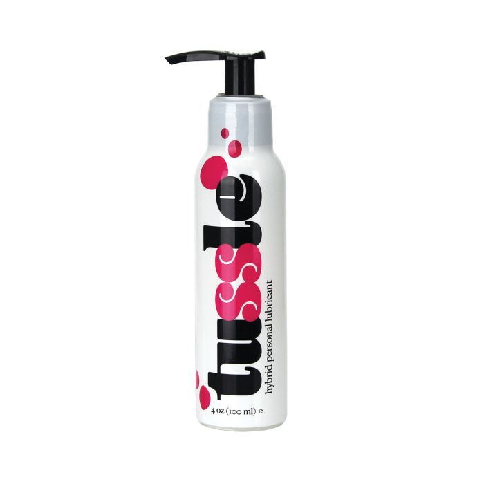Bottle of Tussle hybrid personal lubricant with pump on a white background