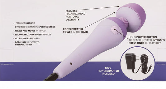 Calexotics Inspire Massager wand for couples or personal massage in the color purple with information about item and picture of AC adapter that plugs into wall.