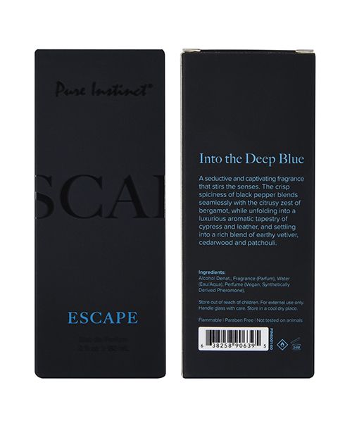 Close-up of Escape Pheromone Cologne by Pure Instinct packaging showing the list of ingredients printed on the box