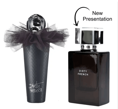 Old and new packaging of Pure Romance 'Dirty French' perfume bottles and branding on a white background.