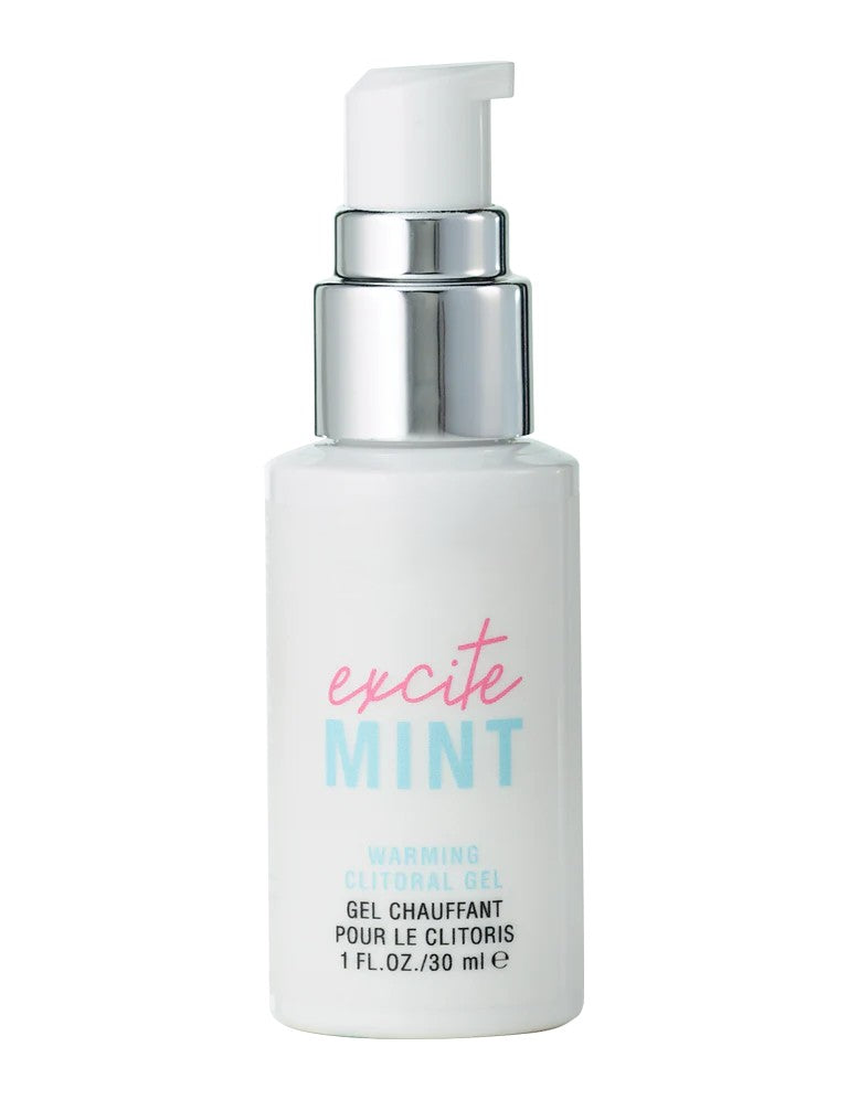 White bottle of Pure Romance brand Excitemint warming clitoral arousal gel featuring a pump applicator and size of product