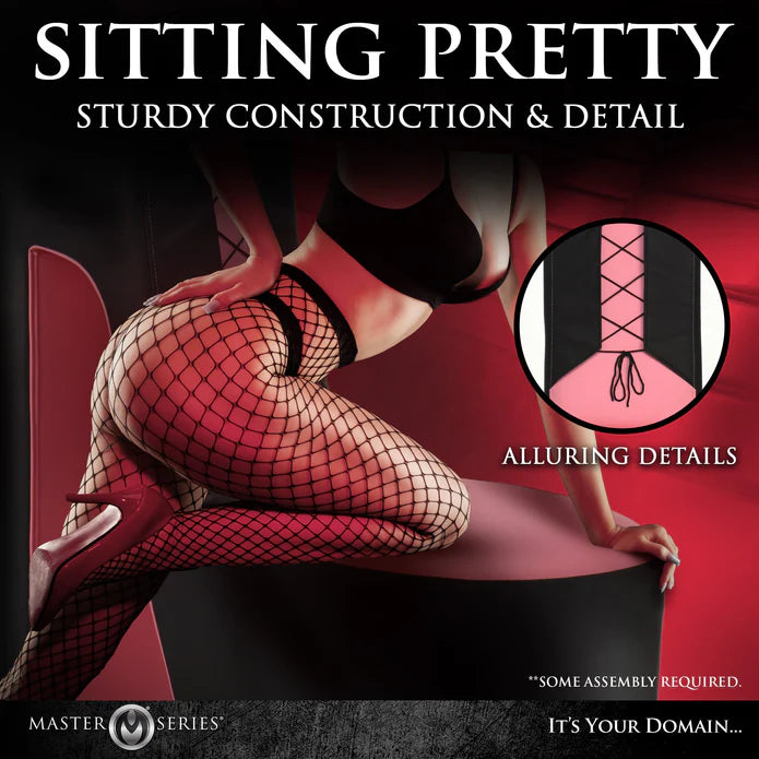 Product advertisement for Master Series Stiletto Sex Chair featuring model with fishnet stockings with a close-up of the design on a red background.