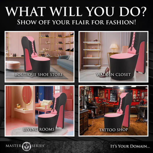 Black and pink high-heeled shoe chair in various settings with text prompting viewers to 'Show off your flair for fashion' using Stiletto Sex Chair in boutique shoe store, walk-in-closet, living room and tattoo shop.