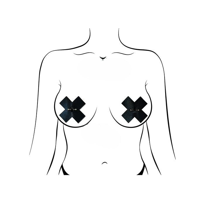 Woman wearing Pastease reusable black cross X nipple pasties with hypoallergenic adhesive