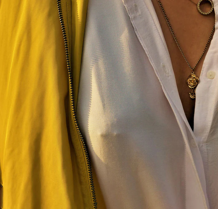 Close-up of a person wearing a yellow jacket and white shirt with a necklace with black cross pasties subtly showing through shirt in seductive manner.
