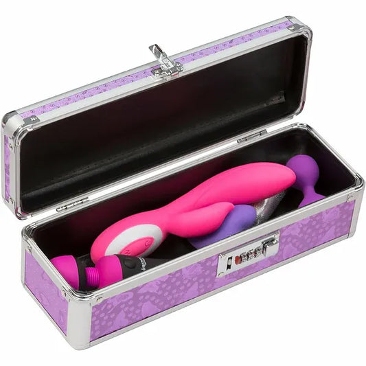 Pink and purple vibrators stored in a decorative locking vibrator case by BMS Enterprises on a white background