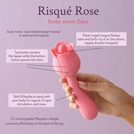 Pure Romance's Risqué Rose dual-motor vibrator with tongue-like teaser and flexible textured shaft for versatile pleasure listed with text showing all benefits.