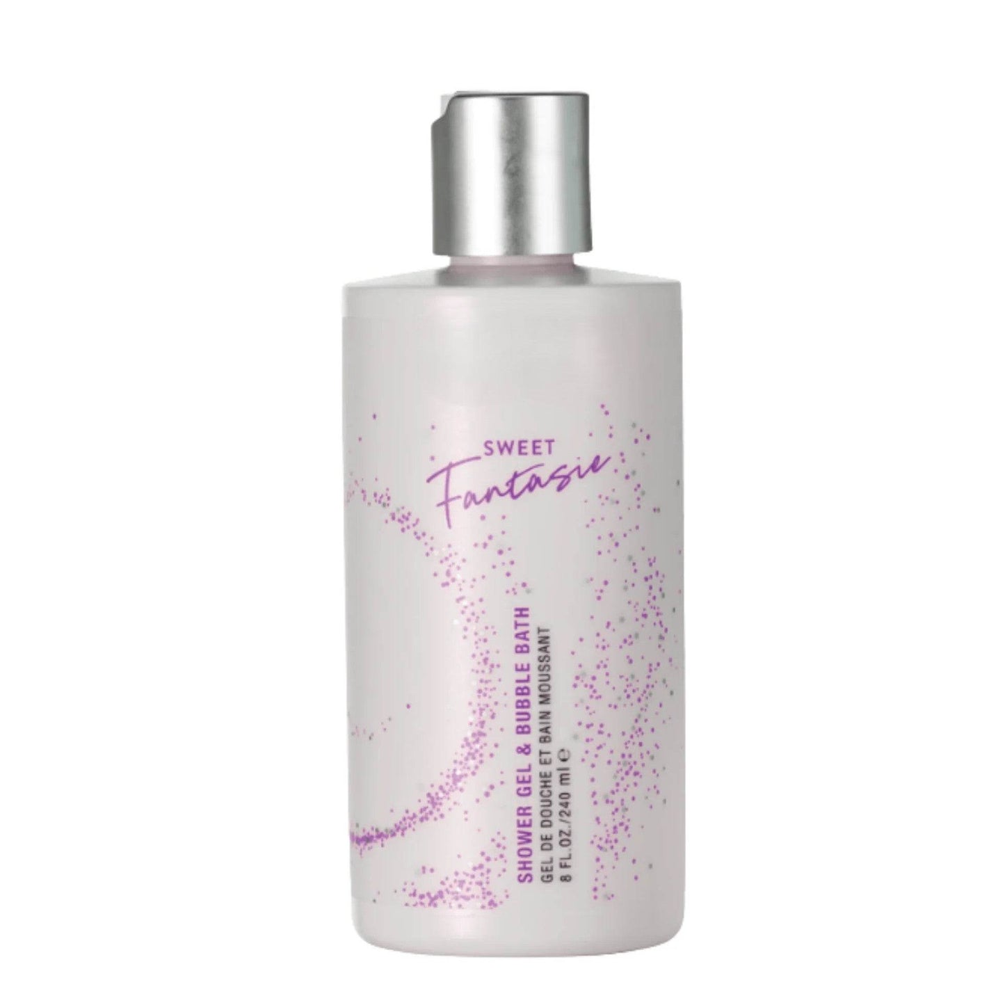 Bottle of Pure Romance 'Sweet Fantasie' shower gel bubble bath on white background.