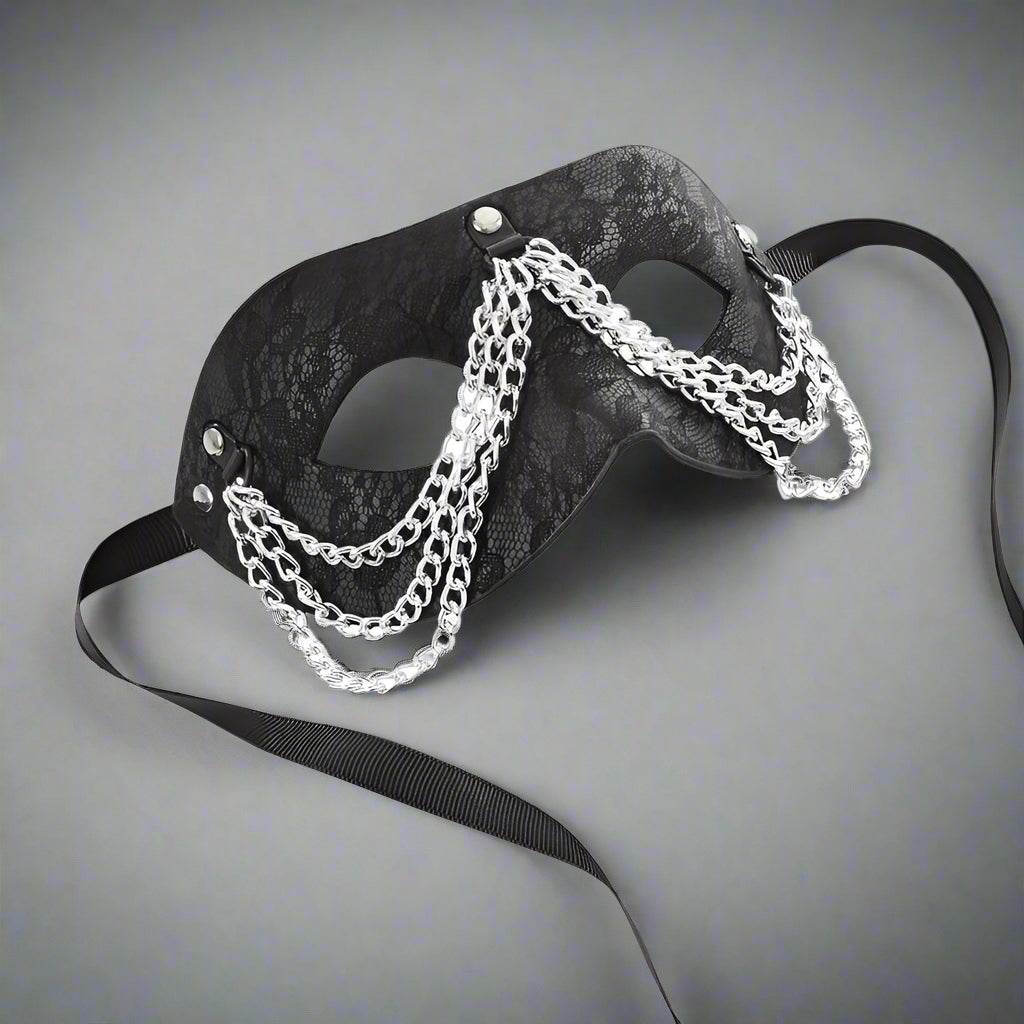 Black lace mask adorned with delicate silver chains draped elegantly across the front.