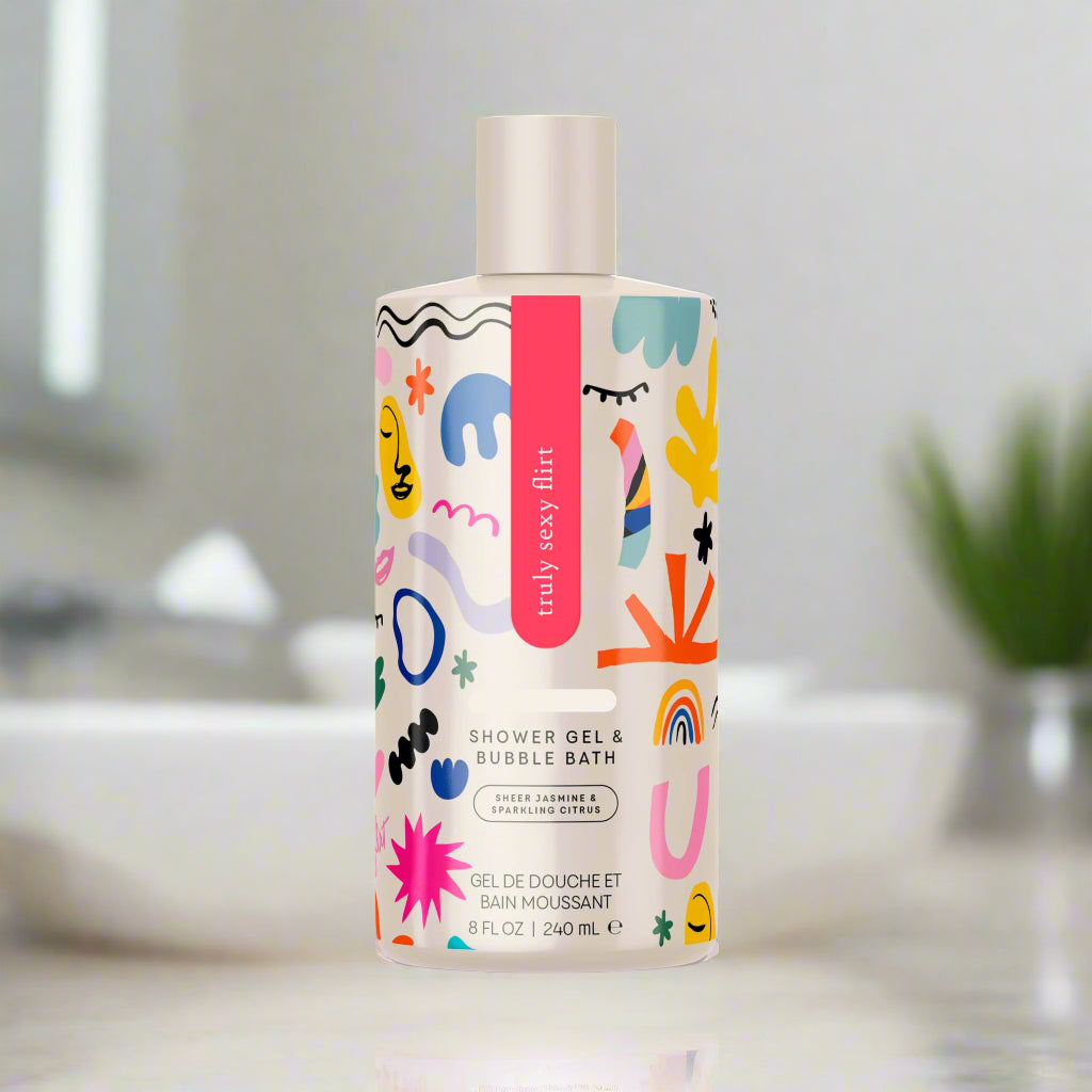 Pure Romance Truly Sexy Flirt Shower gel bottle with colorful design on a white background