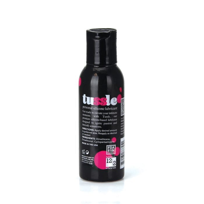 Tussle Premium Silicone Lubricant bottle FDA cleared long lasting formula ingredients, directions and back of bottle.