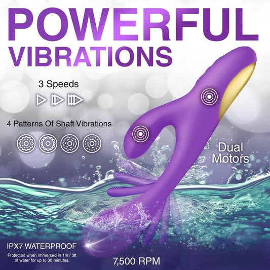 Inmi Tri-Flick Flicking Rabbit Vibrator by XR Brands showing easy-to-use controls for 3 speeds and 4 thrilling vibration modes.