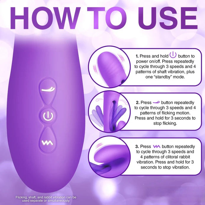 Diagram of the Inmi Tri-Flick Flicking Rabbit Vibrator by XR Brands showing how to use flicking tip, curved shaft, and thick rabbit stimulator.