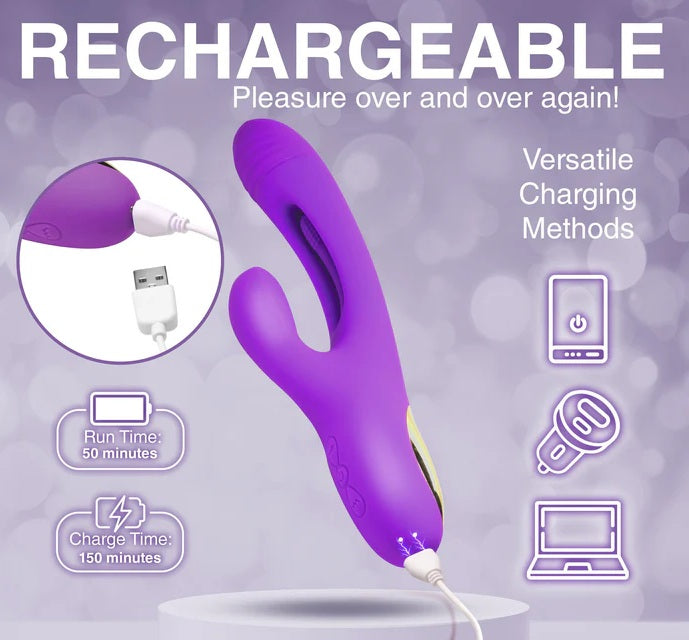 Inmi Tri-Flick Rabbit Vibrator by XR Brands charging via USB, highlighting its eco-friendly rechargeable design.