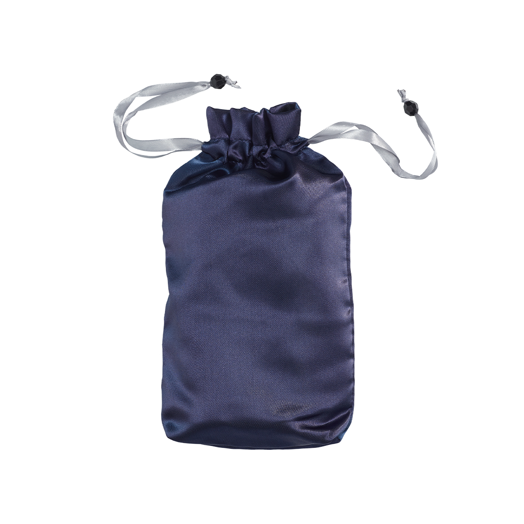 Pure Romance bioshield disinfecting silk toy tote in shiny satin navy blue color with drawstrings.