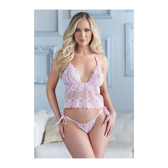 Allure Gigi Peek a Boo Babydoll w/Tie Side Open Panty Pink L/XL