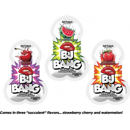 Three packages of BJ Bang oral sex popping candy by Hott Products with colorful designs and flavors listed.