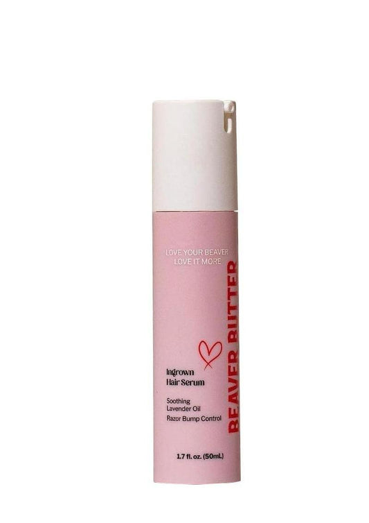 Beaver Butter hair serum bottle with pink body and white cap on a white background