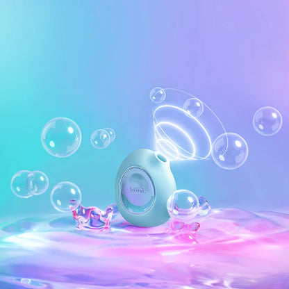 Biird Lumii Clitoral Suction Stimulator Mint with glowing bubble graphics and several floating bubbles, set on a reflective pink and purple surface against a blue-to-purple gradient background.