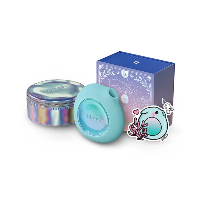 Biird Lumii Clitoral Suction Stimulator Mint Clitoral Suction Adult Toy next to colorful box packaging and iridescent round zipper storage pouch with cartoon character drawing on a white background