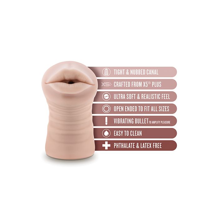 Features list image showcasing soft material, vibrating bullet, and open-ended design of Blush EnLust Mouth Stroker Nicole