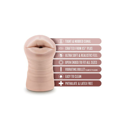 Features list image showcasing soft material, vibrating bullet, and open-ended design of Blush EnLust Mouth Stroker Nicole