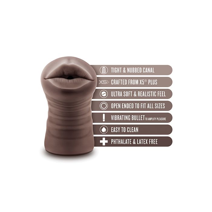 Blush EnLust Krystal Stroker displayed with key features including vibrating bullet, open-ended design, and lifelike material.