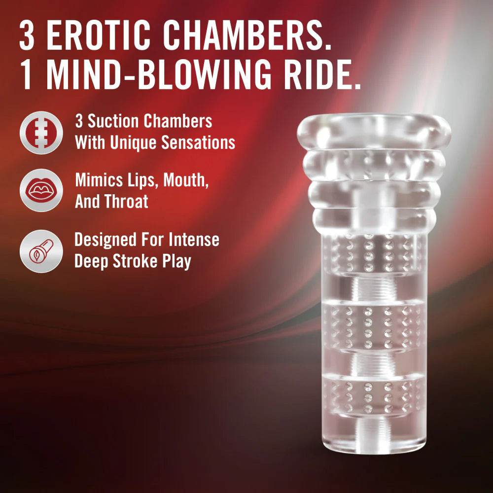 Blush Novelties All In Male Stroker highlighting three unique internal textures and open-ended design.