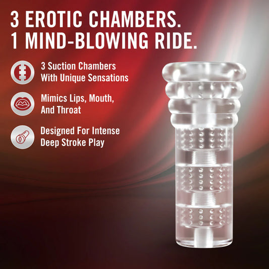 Blush Novelties All In Male Stroker highlighting three unique internal textures and open-ended design.