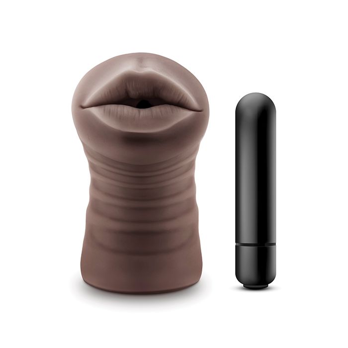 Blush EnLust Krystal Mouth Stroker shown next to included vibrating bullet, highlighting the two-piece design.