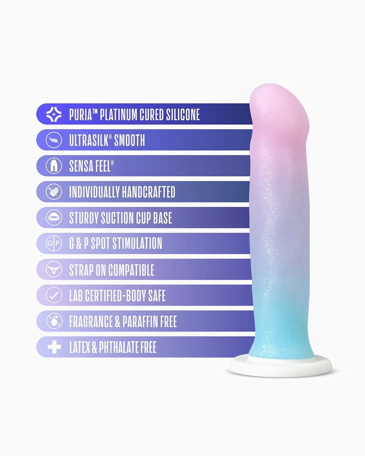 Blush Avant D17 Lucky multi-color silicone dildo with feature list on a white background