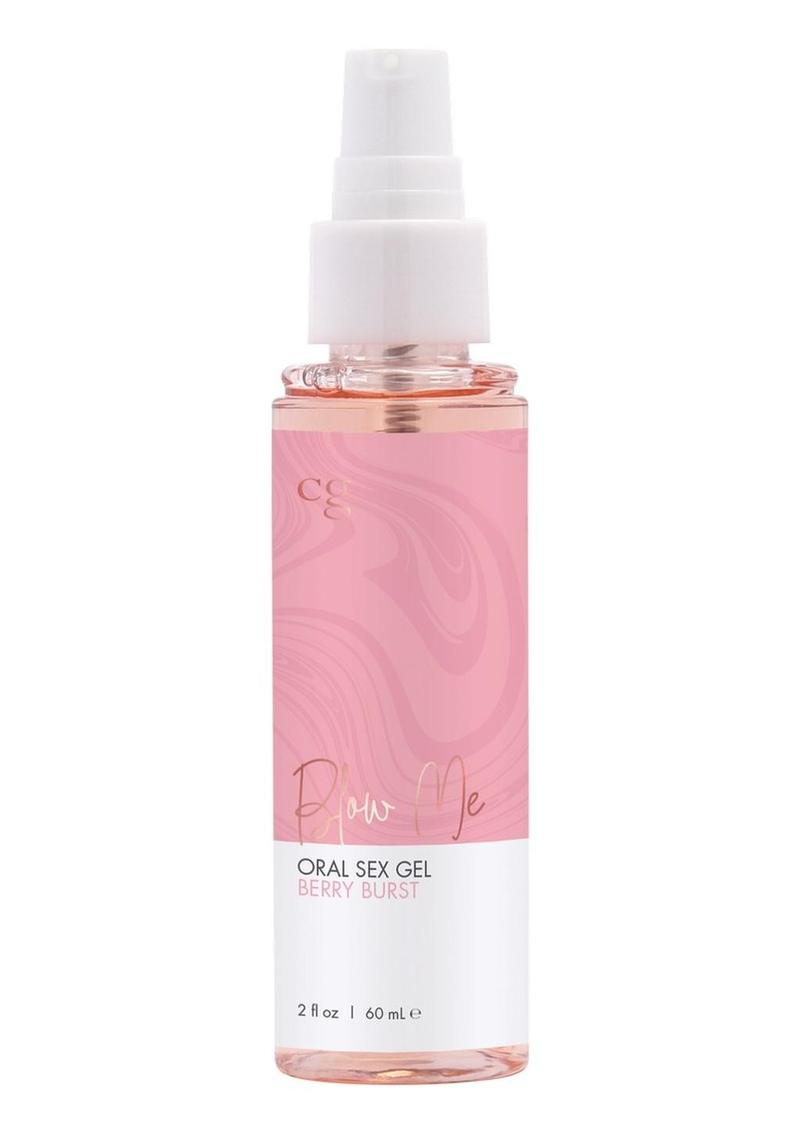 Bottle of Classic Brands Blow Me Oral Sex gel in Berry Burst with pink label on a white background