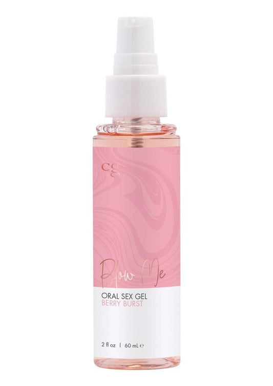 Bottle of Classic Brands Blow Me Oral Sex gel in Berry Burst with pink label on a white background