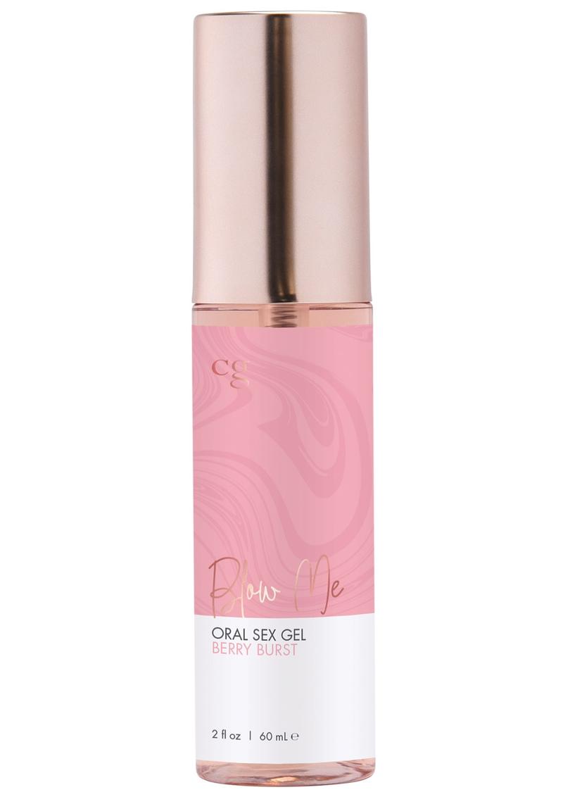Pink CG Berry Burst oral sex gel bottle with rose gold cap on a white background