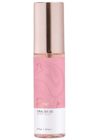 Pink CG Berry Burst oral sex gel bottle with rose gold cap on a white background
