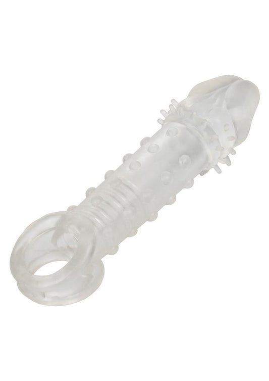 Calexotics Ultimate Stud Penis Extender with Scrotum Support with ribbed french tickler design on a white background