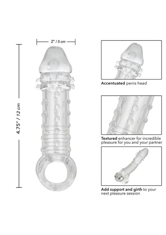 Calexotics Ultimate Stud Penis Extender with Scrotum Support with measurements and features on a white background
