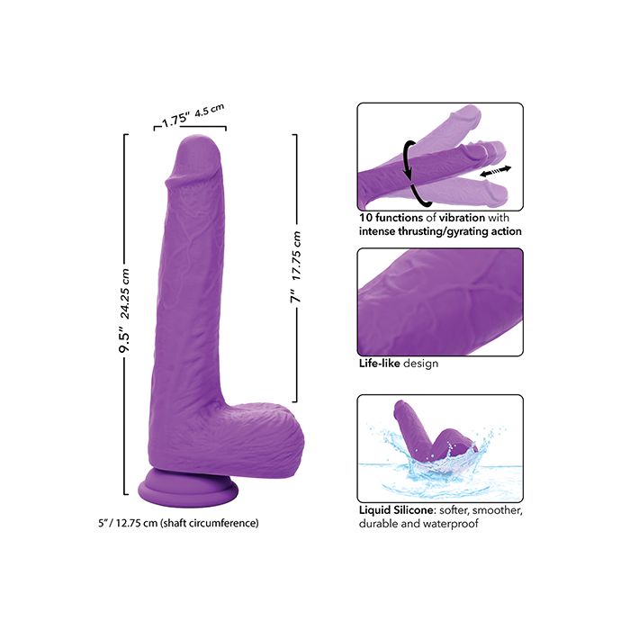 CalExotics purple silicone vibrator with gyrating and thrusting motion, shown with measurements