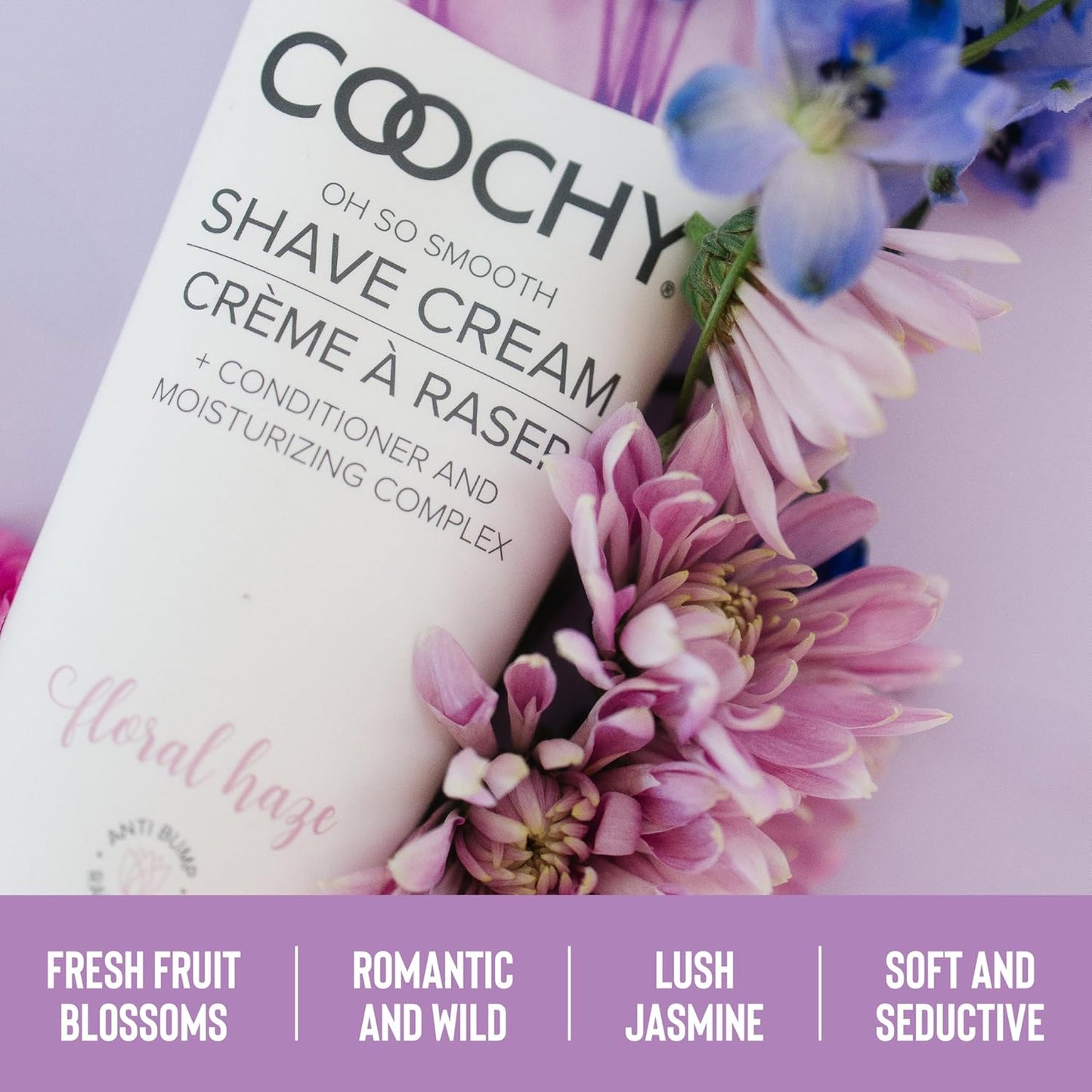 Coochy Floral Haze shave cream with flowers on a purple background and text that reads "fresh fruit blossoms -romantic and wild - lush jasmine- soft and seductive"