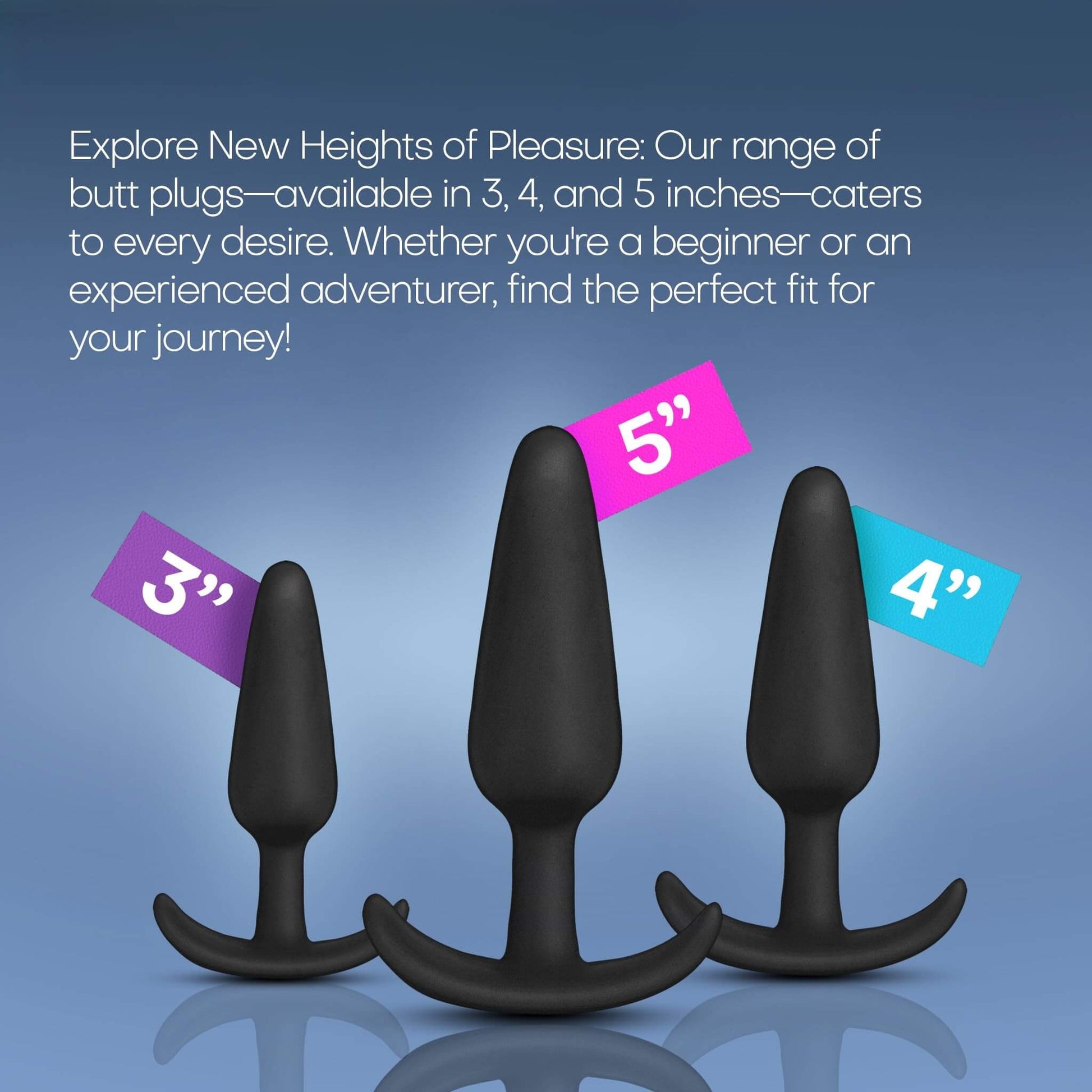 Three black Doc Johnson butt plugs with size indicators on a blue background, accompanied by promotional text, indicating it is an anal trainer kit for beginners or experienced users.
