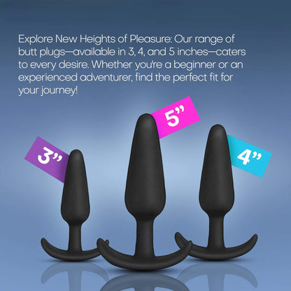 Three black Doc Johnson butt plugs with size indicators on a blue background, accompanied by promotional text, indicating it is an anal trainer kit for beginners or experienced users.