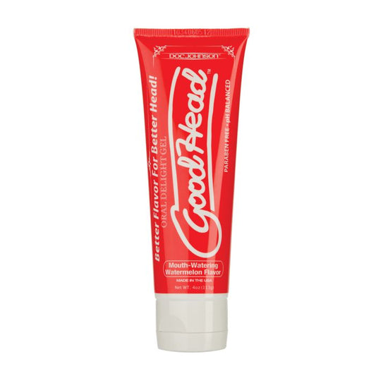 Red tube of DocJohnson GoodHead Watermelon flavored product on a white background
