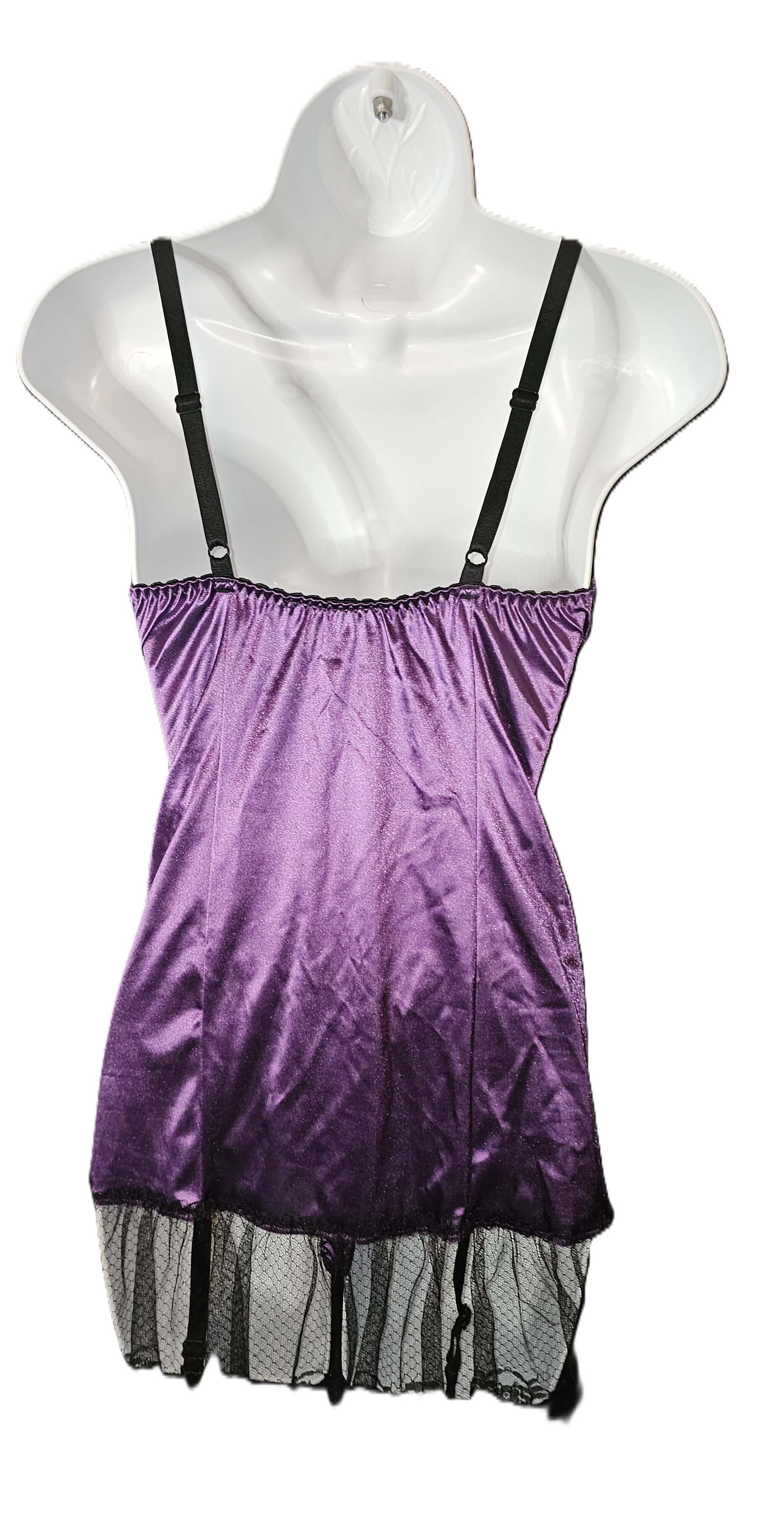 A purple satin chemise with black mesh lining and black shoulder straps, displayed on a white mannequin torso against a white background. Escante Luxury Lace Purple Babydoll Dress with Matching Thong - Medium
