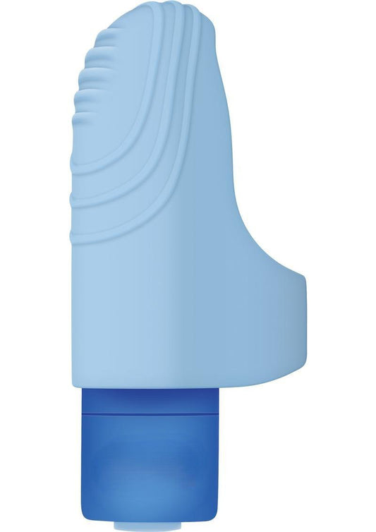 Blue silicone Evolved Fingerlicious finger vibrator product on a white background