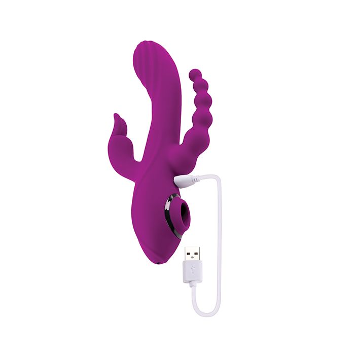Evolved Fourgasm Rechargeable Vibrator product with a USB cable on a white background