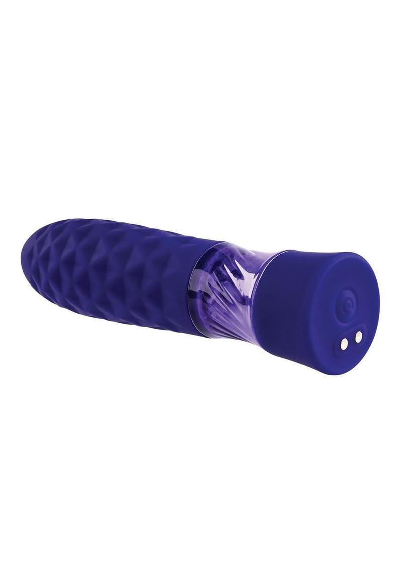 Raver Rechargeable Silicone Light-Up Vibrating Bullet with rechargeable base and single button operation on a white background.